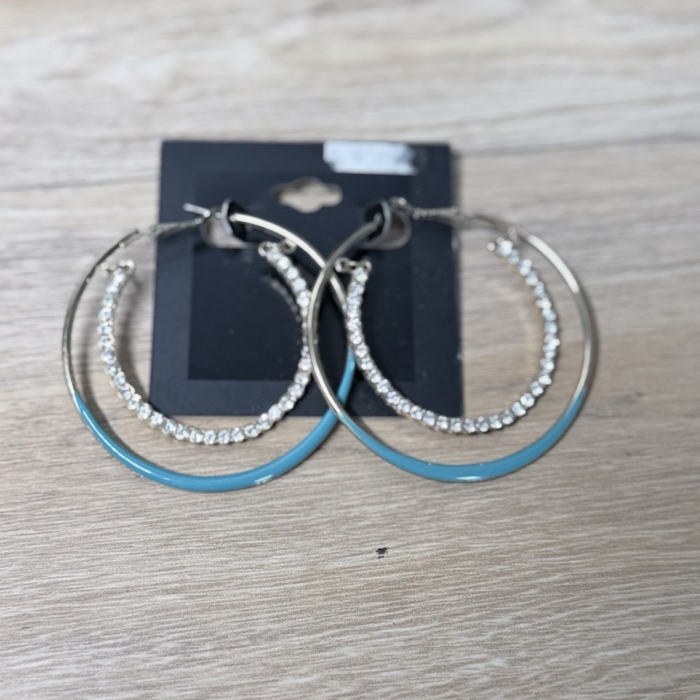 Turquoise Tone Hoop Earrings Rhinestone Y2K Boho Glam Retro Statement Fashion